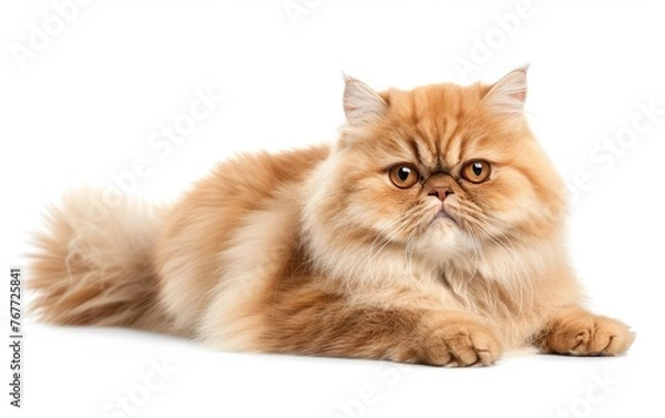 Fototapeta A fluffy Persian cat lies comfortably, its soft fur and adorable features beautifully isolated against a white background.