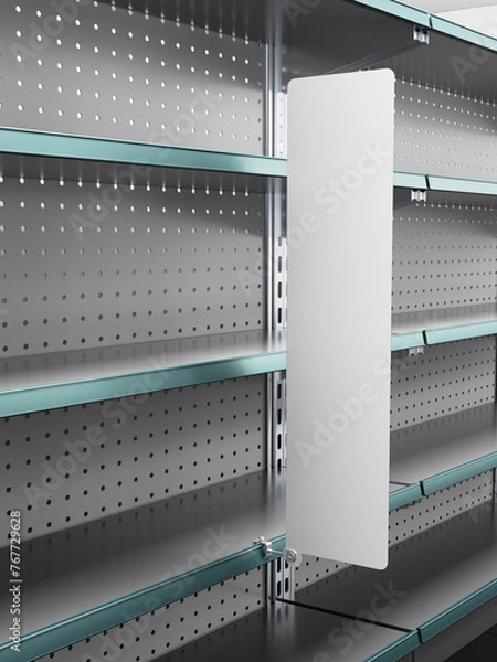 Fototapeta Supermarket Empty Shelf With Single Vertical Stopper Or Wobbler. Blank Shelf Banner Display Mock-up. 3D rendering