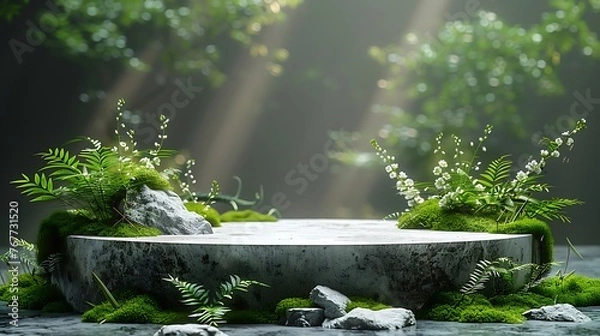 Fototapeta Stone podium with plants in the blurred green forest cosmetic product background AI generated