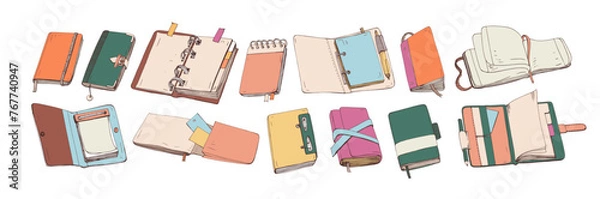 Fototapeta Paper notebooks, drawing sketchbooks, notepads set. Business planners, open note books, closed diaries, agenda organizers. Hand-drawn realistic vector illustrations isolated on white background