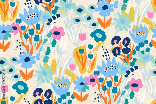 Fototapeta  Abstract floral seamless pattern. Bright colors, gouache painting.hand drawn, not AI