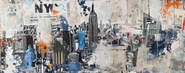 Obraz Dripping Paint Abstract. A Collage of Newspapers and the Iconic Empire State Building, Capturing the Pulse of New York City.