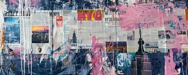 Obraz Dripping Paint Abstract. A Collage of Newspapers and the Iconic Empire State Building, Capturing the Pulse of New York City.