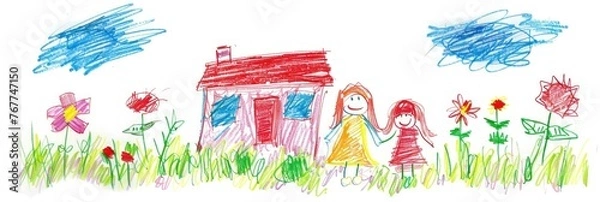 Obraz Children's drawing with colored chalk on white paper.