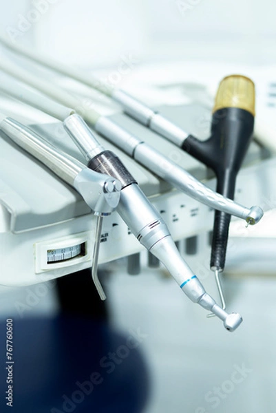 Fototapeta Close up of dental drills in dentists office. Professional tooth drills of dentist.