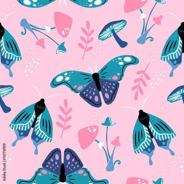 Fototapeta Vector seamless pattern of colorful butterflies and mushrooms on pink background. Beautiful trendy background for packaging, fabric, wallpaper.