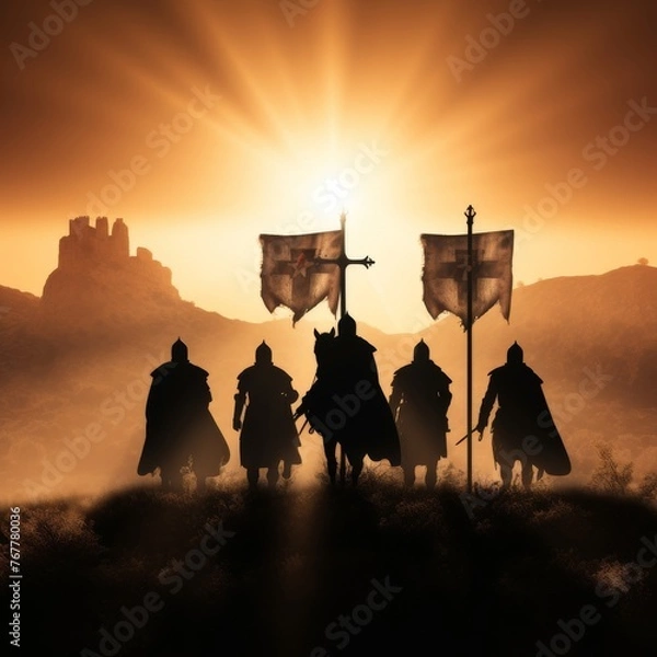 Obraz Knights Templar silhouetted by sunset