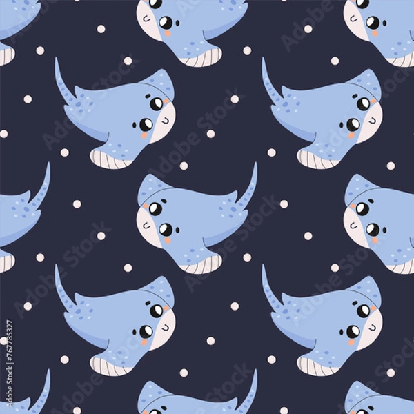 Fototapeta Summer seamless pattern, sea world, cute stingray . for fabric or wrapping paper