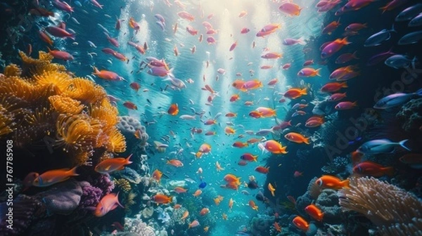 Fototapeta Vibrant coral and tropical fish under the sea with light rays piercing through water.