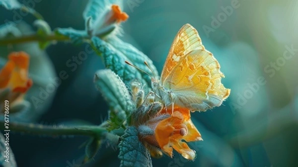 Fototapeta A vivid orange butterfly perches on a flower, with a soft blue backdrop highlighting delicate textures.