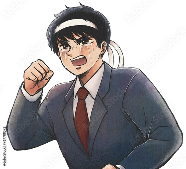 Obraz 鉢巻を巻いて泣きながら応援するスーツの男性・レトロ漫画風