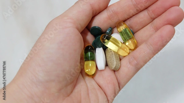 Obraz Closeup of hand holding assorted supplement pills and capsules. 