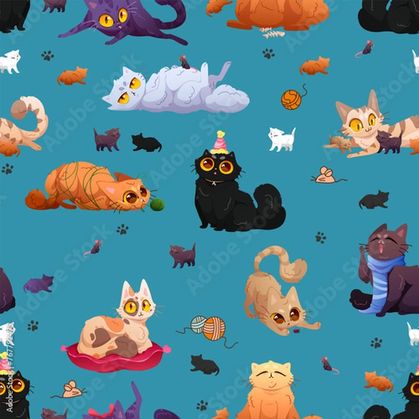 Fototapeta Cats and kittens, playing, seamless pattern, cute cats, cute kittens, vector illustration, for wrapping paper, banners, textiles, etc. Cat, kitten, animal, pet, print, fabric, colorful, play.
