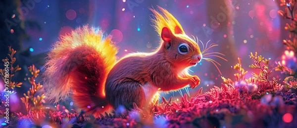 Fototapeta A glowing squirrel doing parkour in a neon forest, blending agility with woodland life, in a vibrant, energetic setting
