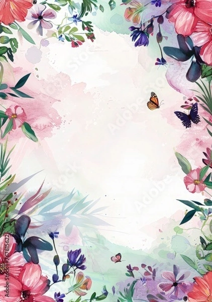 Obraz Watercolor invitation card with colorful frame or border wildflowers and greenery. a washed watercolor background Include butterflies fluttering around the flowers. into the frame copy space for text.