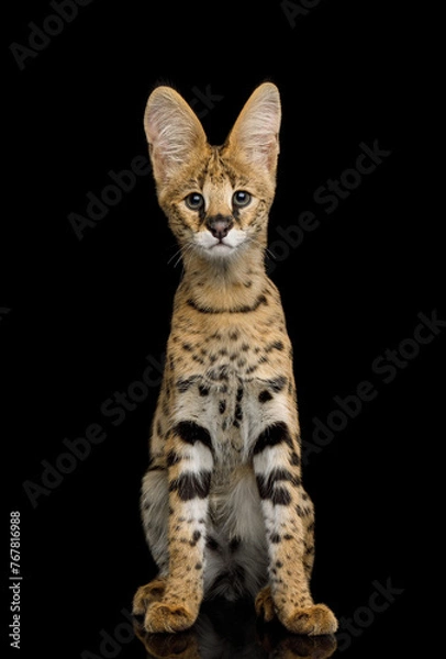 Fototapeta Funny Serval Cat, sitting and curious gaze isolated on black background, front view