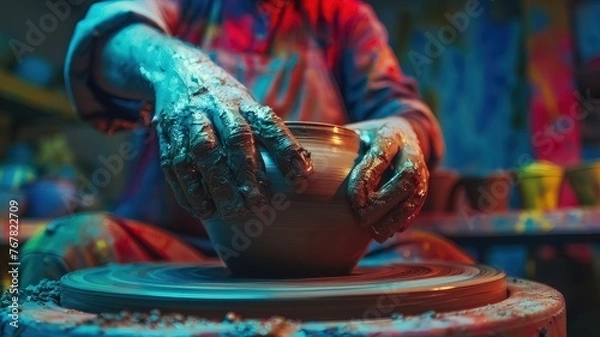 Fototapeta potter's hands are covered in clay as he shapes a vase on a pottery wheel in his workshop, indulging in pottery as a hobby
