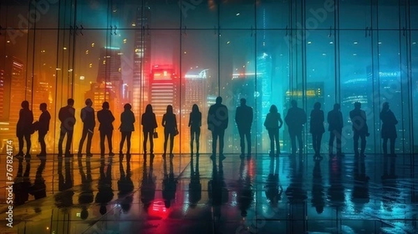 Fototapeta Silhouettes of a group of business people in front of a colorful background
