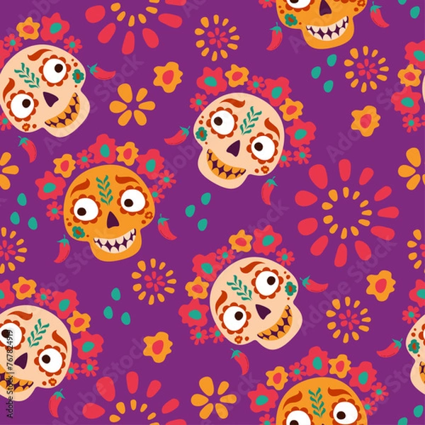 Fototapeta sugar skulls seamless pattern vector. Dia de los muertos print. Mexican tradition festival