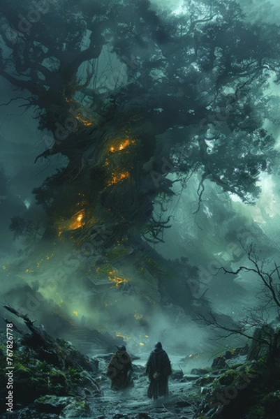 Fototapeta Mystical forest scenery with travelers walking through fog and ethereal blue light illuminating ancient trees and paths.