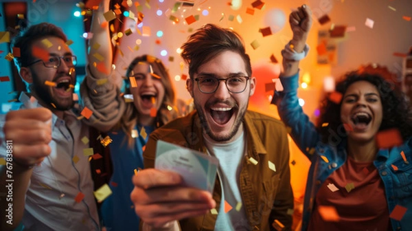 Fototapeta Group of young adults celebrating with confetti and excitement, one man holding tickets and making a victory gesture.