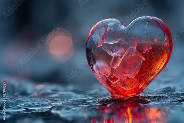 Fototapeta A red heart shaped ice cube resting on a table surface.