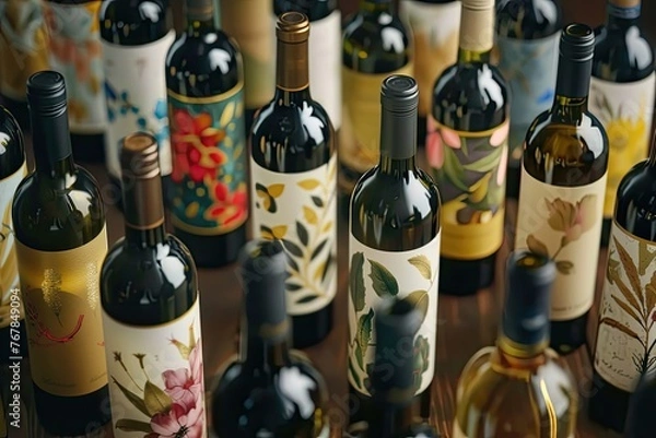 Obraz Variety of wine bottles with artistic labels