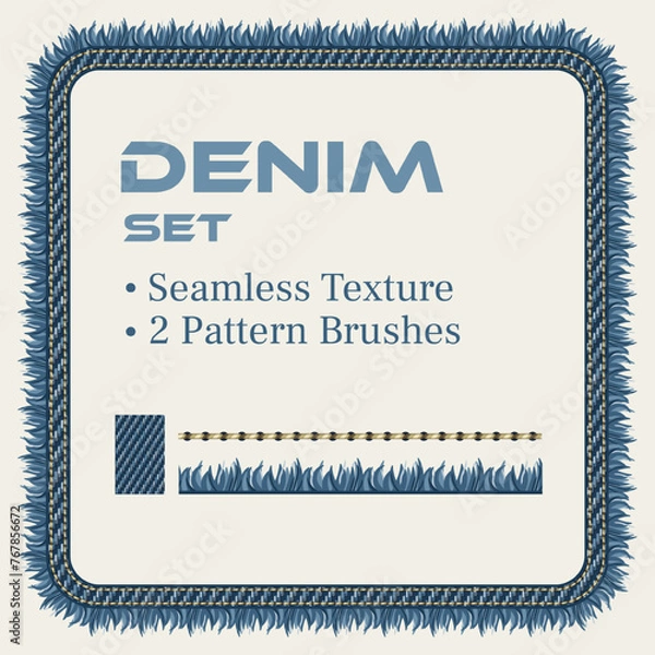 Fototapeta Set of design elements for denim style. Square frame, blue jeans fabric texture, denim fringe pattern brush, stitch pattern brush. Vintage style.