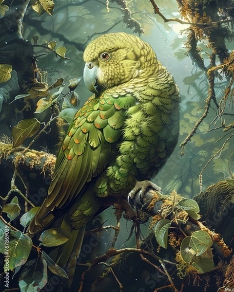 Fototapeta Kakapo in a moonlit forest its soft green plumage blending with the nocturnal hues of the foliage creating a serene night scene