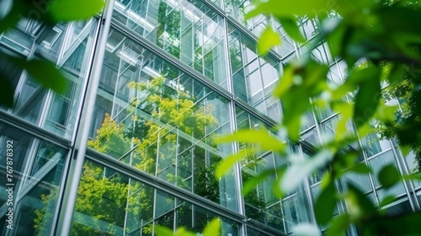Fototapeta Architecture a modern glass building with a lot of green plants trees and bushes for business architecture environmental friendly, design, exterior, sky, garden