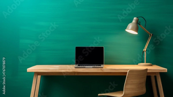 Fototapeta Home office. Stylish modern minimalistic home work desk with laptop and lamp, chair and plants. Big empty emerald green wall for copy space.