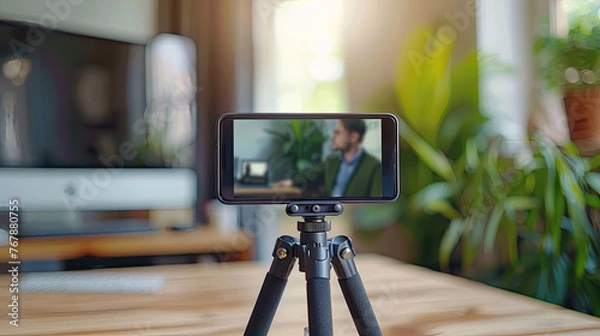 Fototapeta Smartphone on tripod recording a man working at a desk.