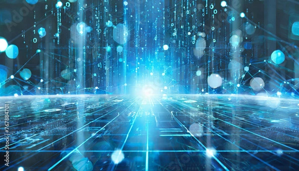 Obraz 近未来的な青いサイバー空間、ネットワーク
