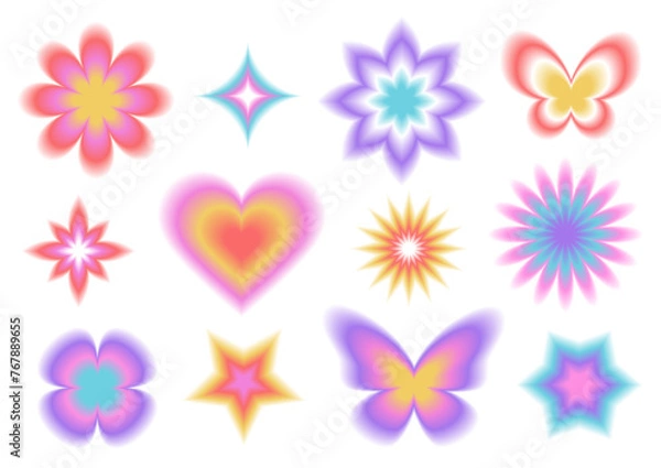Fototapeta Aura Gradient elements set. Y2k style blurred gradient shapes. Blurry flower, heart, star, butterfly aesthetic elements. Abstract geometric shapes in trendy retro style.
