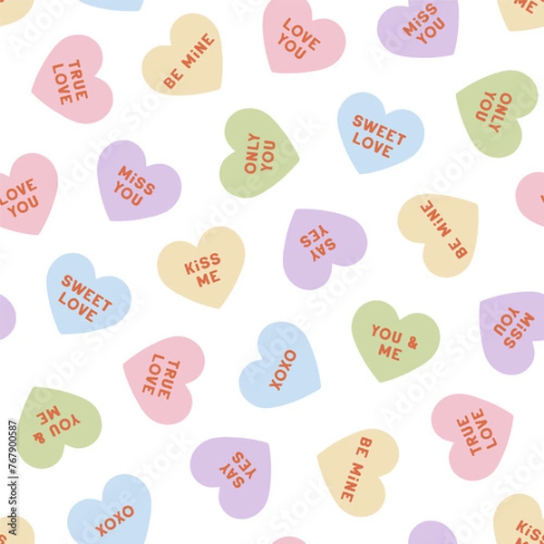 Obraz Vector seamless pattern with hand drawn conversation hearts. Lovely romantic endless background for Valentines day, holiday design, wallpaper, fabric. Candy hearts pattern in flat style