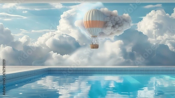 Fototapeta  In a picturesque sky dotted with fluffy clouds, a majestic gas balloon drifts peacefully, casting a shadow on the earth below as it embarks on a tranquil journey through the heavens. 