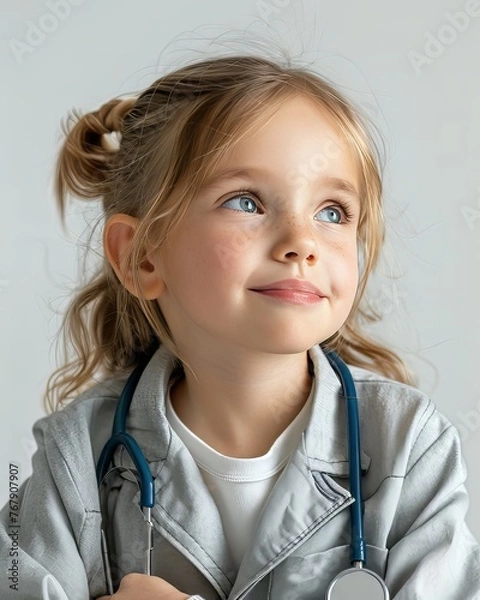 Fototapeta a happy child who is looking thoughtful, wearing a doctor's coat