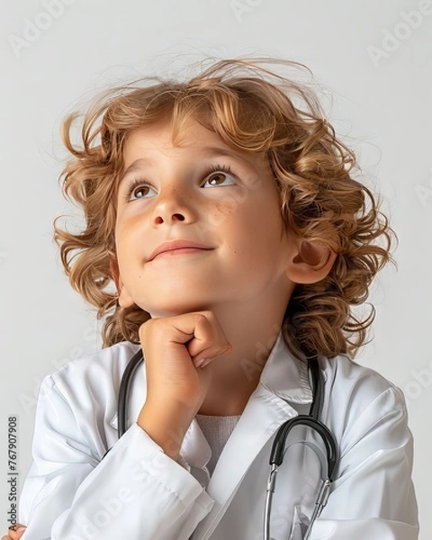 Fototapeta a happy child who is looking thoughtful, wearing a doctor's coat