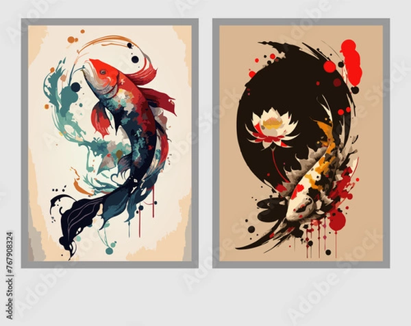 Fototapeta Premium Vector Illustration | Painting of koi carps, animals full of luck, symbols of harmony of life with nature