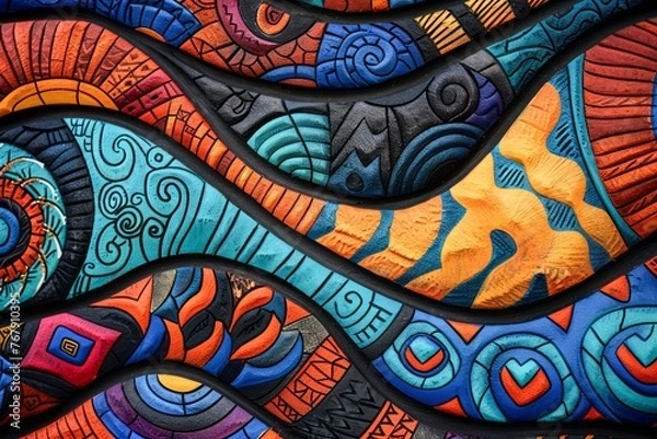 Fototapeta Vibrant Abstract Mural Art with Colorful Geometric Patterns and Swirls
