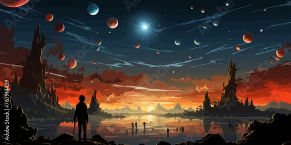 Fototapeta boy standing and looking at the magic rocks floating in the sky, vector illustration