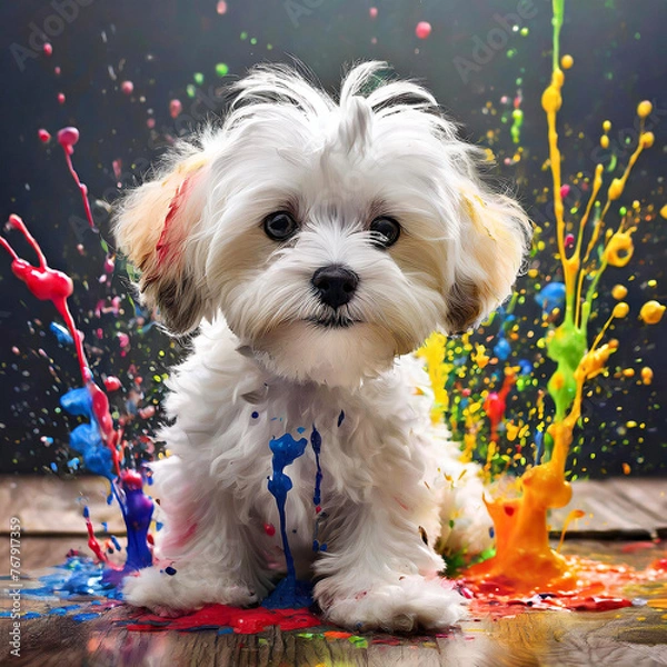 Obraz 페인트와 강아지, 말티즈