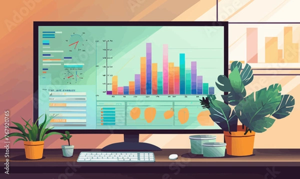 Fototapeta computer screen with charts windows vector flat isolated illustration