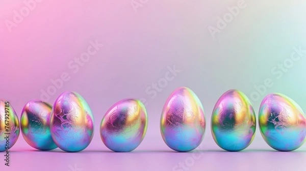 Fototapeta Holographic metallic painted Easter eggs on gradient background with copy space, vivid colorful Easter banner