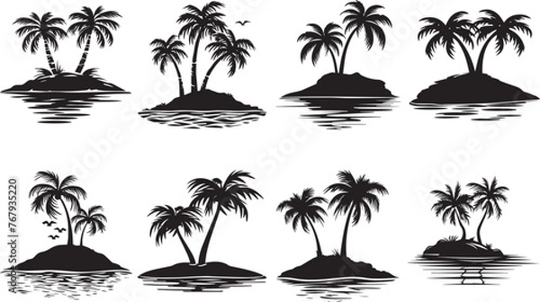 Obraz Silhouetted tropical islands with palm trees, birds in flight, with varying shapes and sizes representing a tranquil escape