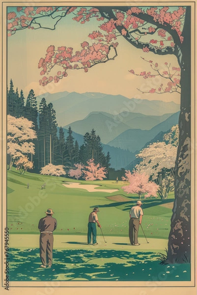 Fototapeta Woodblock print of a group of men playing a round of golf on a scenic golf course in Appalachia. Illustration made with Generative AI