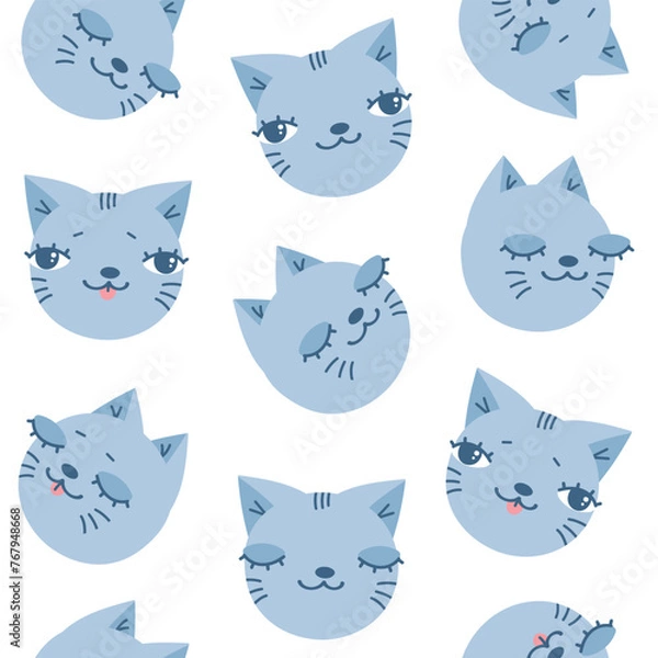 Fototapeta Cute hand drawn seamless pattern with cat heads. Kitten seamless pattern. Cartoon childish design. Vector illustration