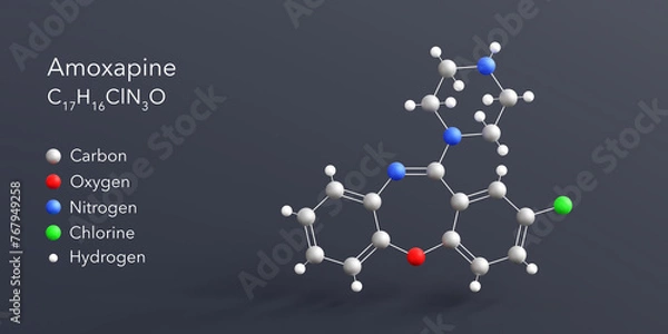 Fototapeta amoxapine molecule 3d rendering, flat molecular structure with chemical formula and atoms color coding