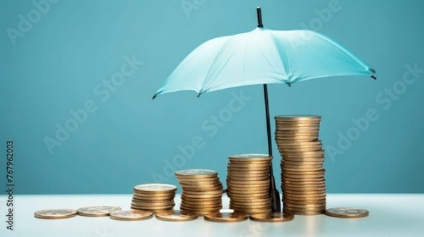 Fototapeta Stacks of coins with umbrella on blue background, business and financial concept