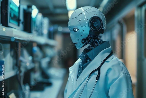 Fototapeta Robot doctor with stethoscope working in hospital. artificial intelligence concept
